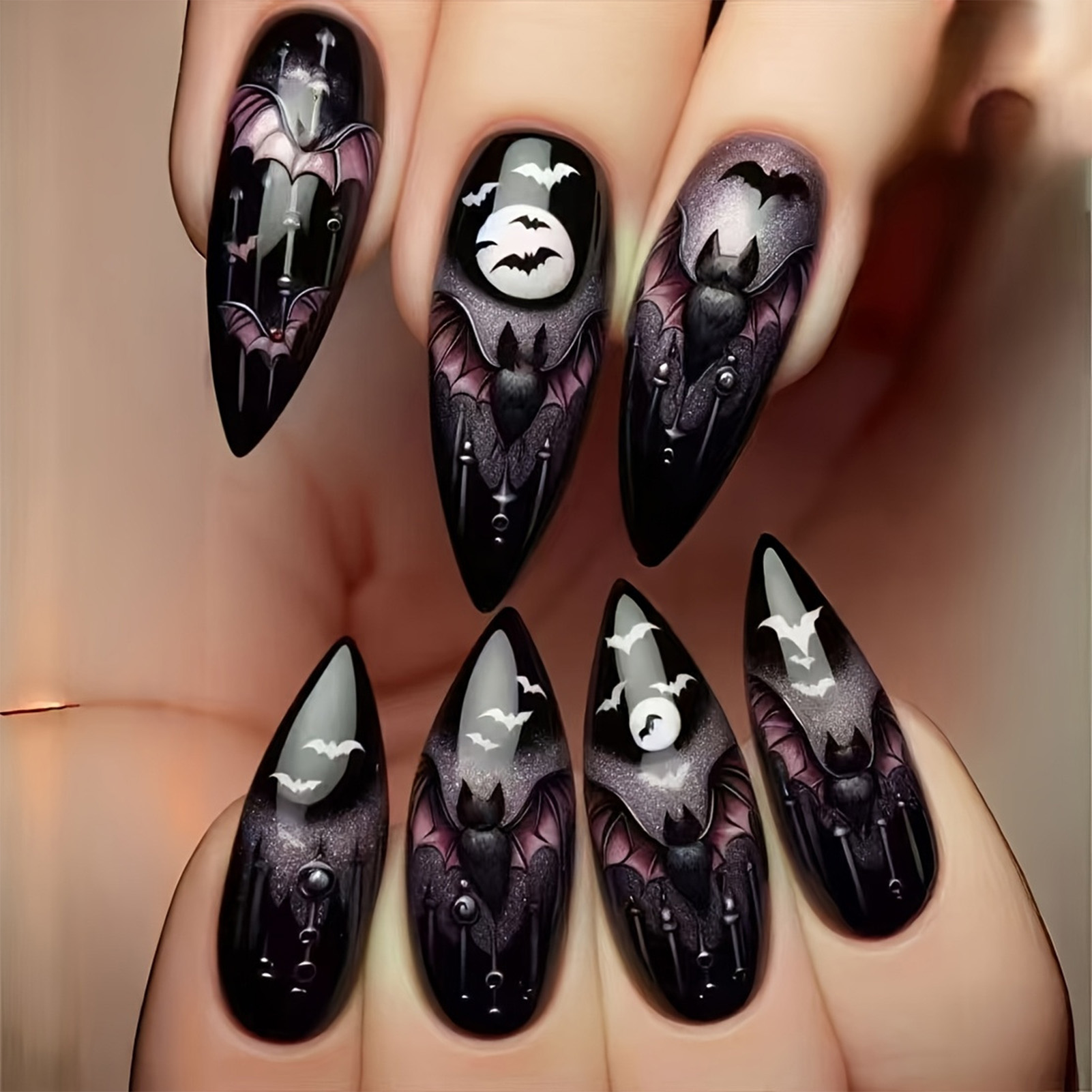 Cosplay Bat Prop - 24 Uñas Postizas de Halloween, Negras,